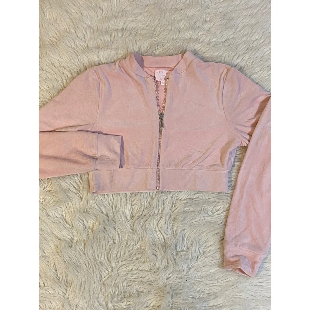 Y2K Pink Velvet Velour 2 pc Tracksuit Bling Crop Jacket‎ Top L & M Sweat Pants